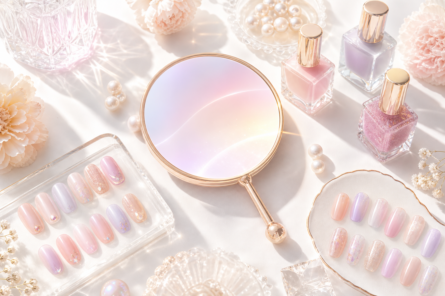 Nail Mirror — パールミラーとネイルチップ、ネイルカラーが並ぶフラットレイ